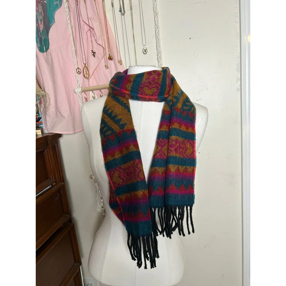 Vintage Southwestern Aztec Tribal Geometric Knit Scarf Retro Made in Japan‎